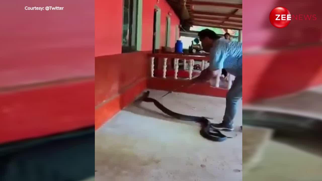 कार के पीछे से निकला 15 फीट लंबा कोबरा, शख्स ने हाथ से पकड़ के निकाला और दिखाया कमाल